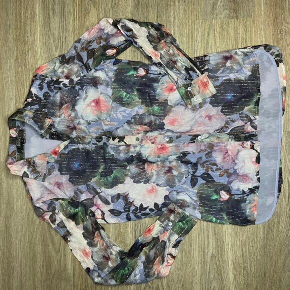 Badgley Mischka Purple Gold Pinstripe Silk Blouse (2) - Picture 7 of 8